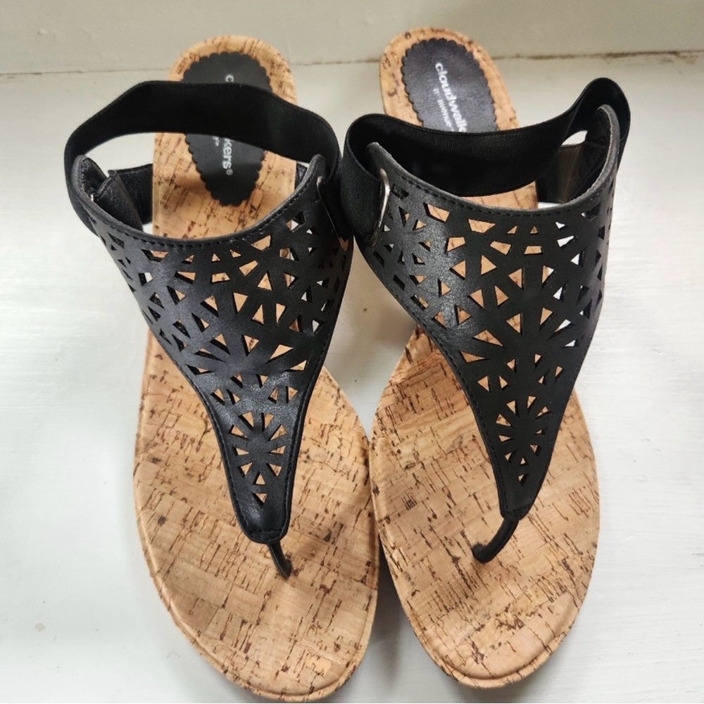 cloudwalkers Black Laser-Cut Cork Wedge Thong Sandals